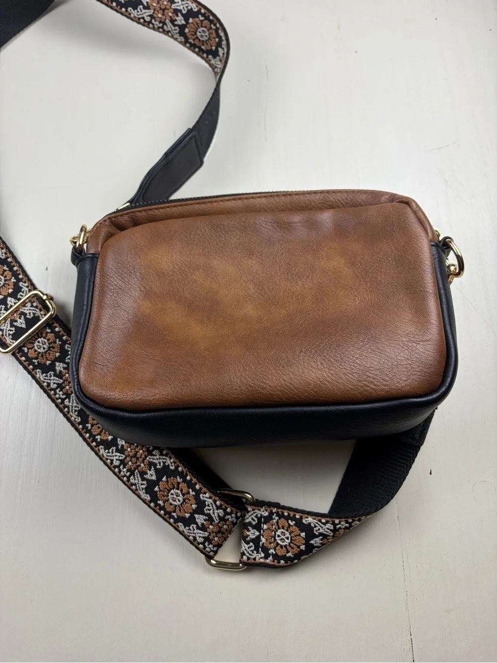 TELENA Two-Tone Brown & Black Crossbody with Patterned Strap